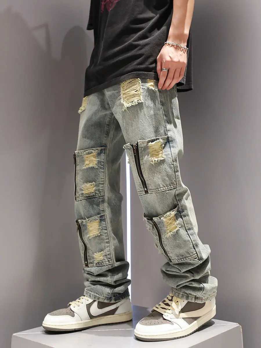 New multi zipper pocket washing and perforated jeans suitable for men and womens personalized straight leg retro casual pants y2k on the streetsT25031