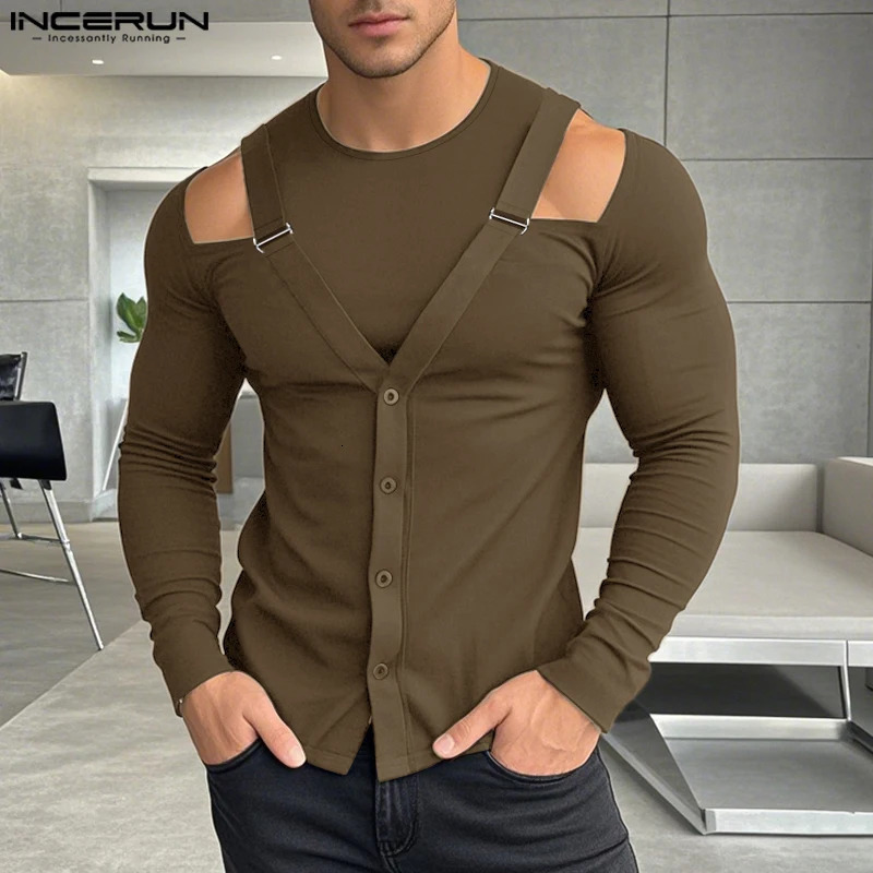 INCERUN Mens Top Fashion Metal Buckle Hollow n Tshirt Casual Street Wear Solid Long Sleeve Camiseta S5XL 250312