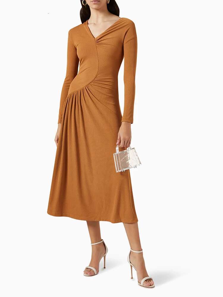 TWOTWINSTYLE Solid Slimming Patchwork Folds Dresses For Women V Neck Long Sleeve High Waist Minimalist Pullover Dress Female New
