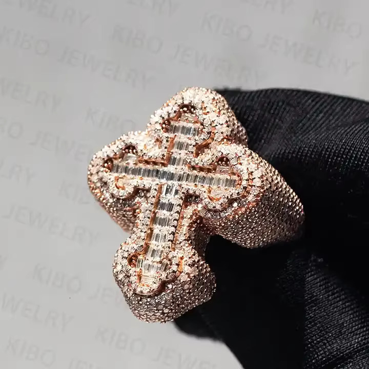 2025 Luxury Rapper Jewelry Hip Hop Cross 925 Silver Ring VVS Moissanite Ring Iced Out Rose Gold Plating Custom Rings for Men