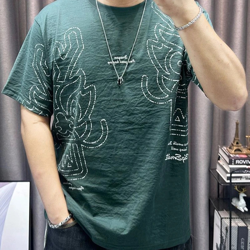 Cotton linen short sleeved T-shirt mens fashion printed casual half sleeved thin top 250314