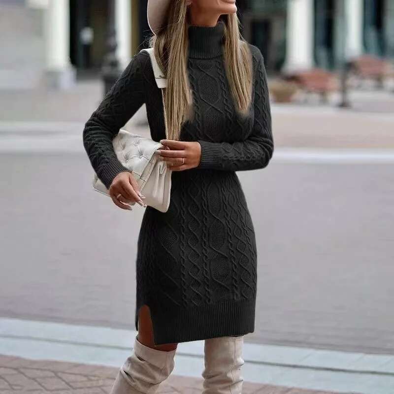 2024 Autumn Winter New Women's Wrap Hip Skirt High Neck Warm And Thickened Elegant Knitted Sweater Long Sleeve Dress