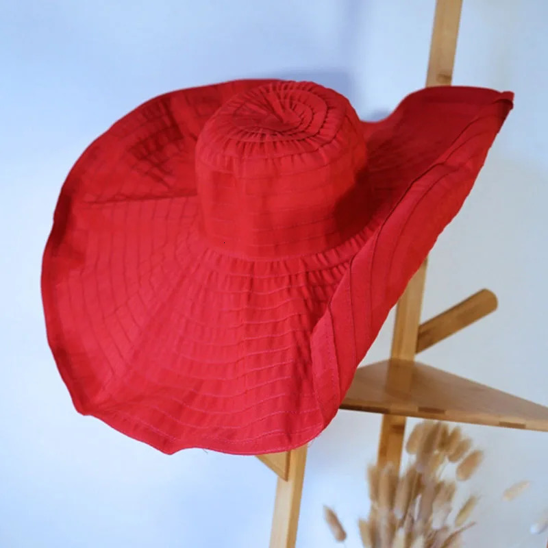 Womens 20cm large Brim sun hat cute shape cotton ribbon hat red and black summer hat foldable beach hat party dress hat 250314