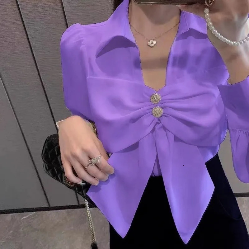 Korean Loose Fashion Bow V-neck Solid Color Long Sleeve Chiffon Shirts Women Spring Summer Fashion Office Lady Temperament Tops 250310