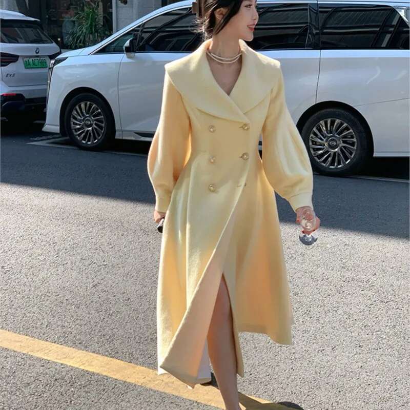 Fashion Women's Long Coats Winter New Outerwear Lapel Double Breasted Lantern Sleeve Solid Vintage Chic Woolen Overcoats 2024