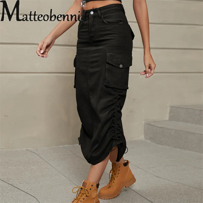 Vintage Draw Pleat Halfbody Dress Women Casual Trend Pocket Splicing Button Denim Overalls Skirt Female Clothes Streetwear 250310