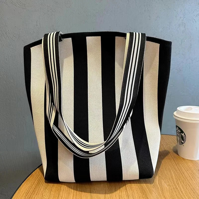 Fashion Women Simple Black White Striped Canvas Bag Casual Large Capacity Shoulder Womens Beach Bag Shopping Tote Bag Handbag 250311