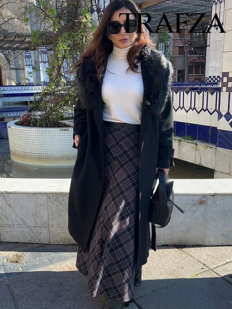 TRAFZA Women Spring Elegant High Waist Plaid Midi Skirt Versatile Pleated Woman Chic Casual Vintage Straight 250310