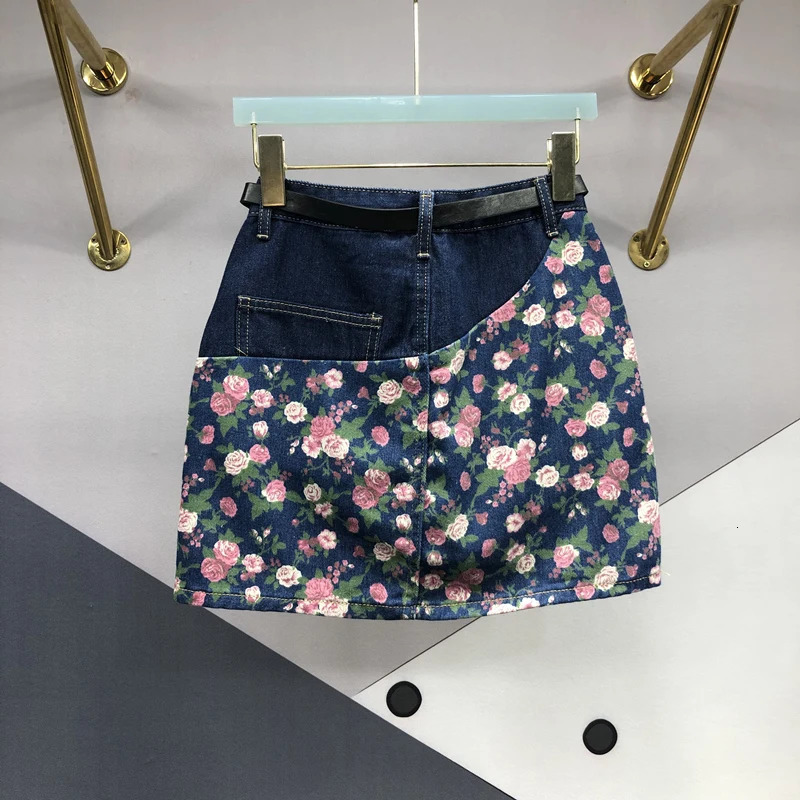 Womens Retro Printed Denim Short Leather High Waist Aline Wrap Hips Jean Shorts Street Slim Patch Work Summer 250310