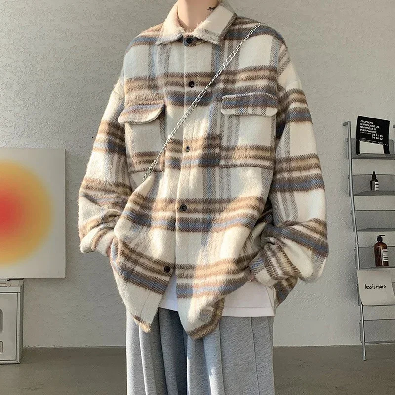 mens Y2K retro striped wool jacket patch work long sleeved plain weave open top high street freight shirt 250312