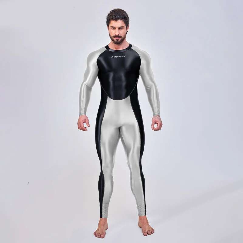 Amoresy - Smooth running suit, color blocks, long sleeves, men's one-piece sports jumpsuit, full length, shiny jumpsuit XCKNY