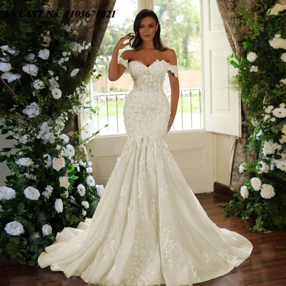 Evlast customized 2025 mermaid long lace applique beads novia wedding dress mariee robe md02