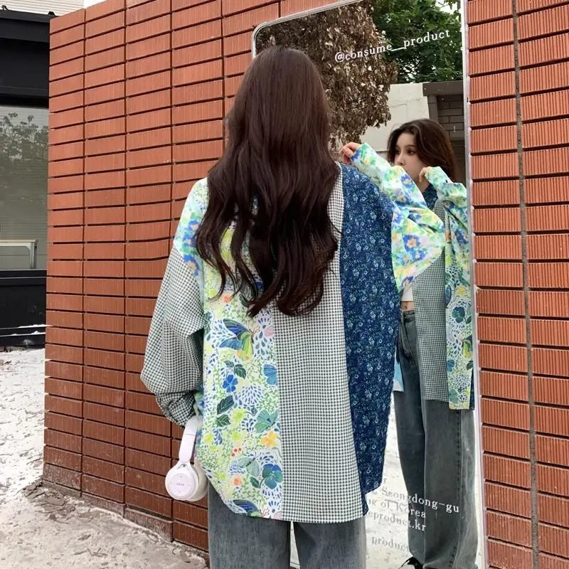 Spring Summer Fashion Floral Patchwork Y2K Thin Shirt Women Loose Casual Sunscreen Long Sleeve Tops 250310