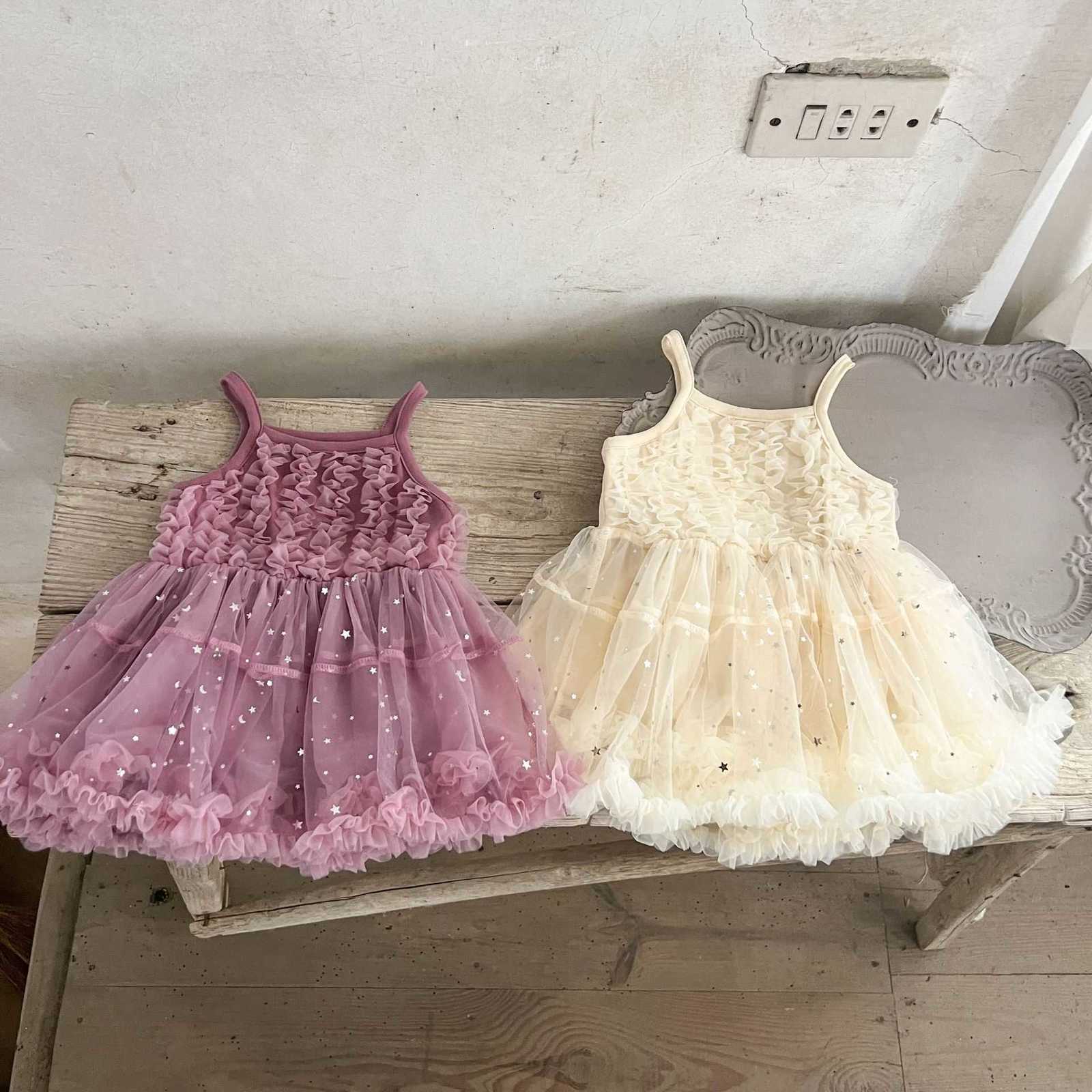 Girl's Dresses Summer Baby Girl Pure Cotton Two Color Exquisite Heavy Industry One Year Old Silver Star Moon Strap Dress for Infants and Toddlers