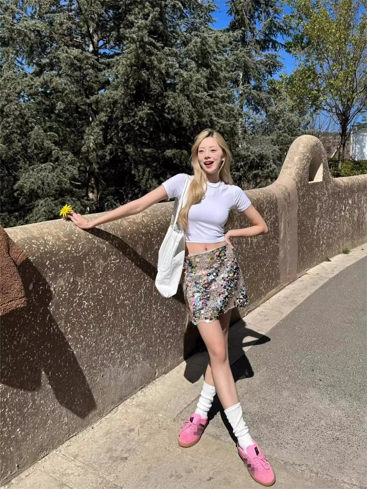 Fashion Colorful Sequin n Women Short Skirt High Street Summer Zipper Waist ALine Sexy Ladies Wrap Skirts 250310