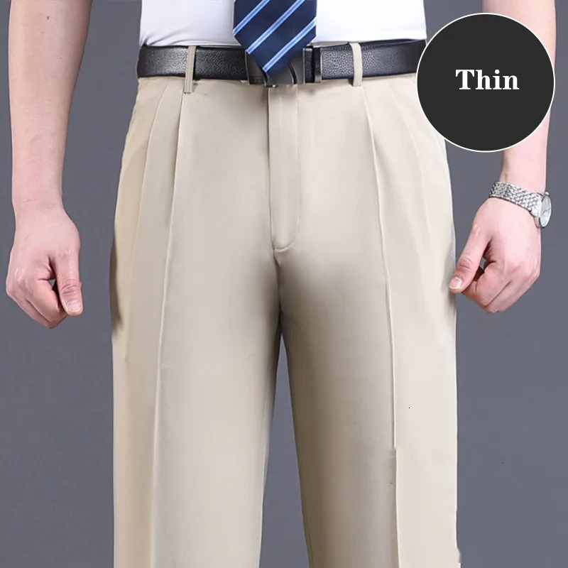 Double pleated mens pants set black brown business khaki loose straight classic thin summer 250313