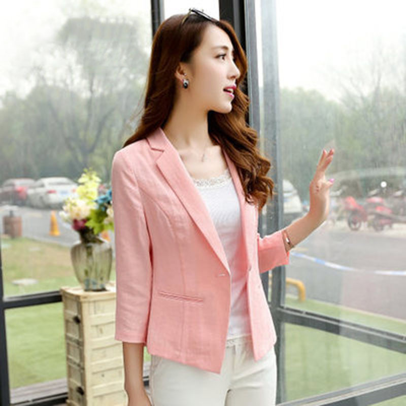X313Cotton and Linen Women's Suit Jacket - Short Temperament Style with Three-Quarter Sleeves