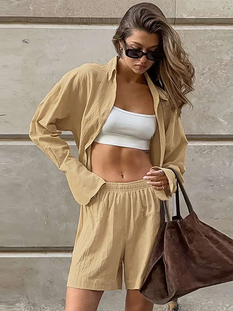 Women Cotton Suit Laple Single Breasted Full Sleeve Shirt High Waist Wide Leg Shorts Female Set 2025 Sping Lady Outerwear