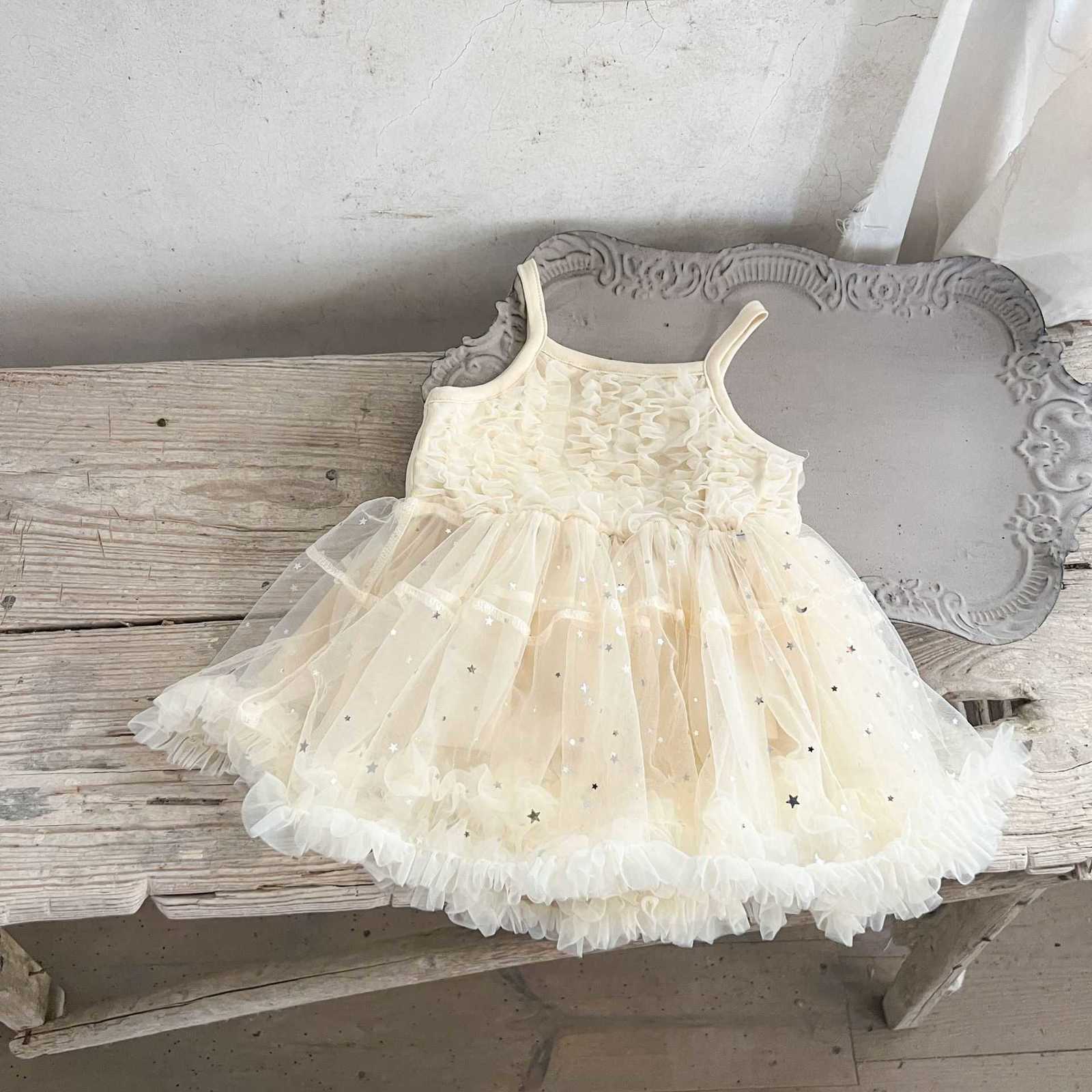 Girl's Dresses Summer Baby Girl Pure Cotton Two Color Exquisite Heavy Industry One Year Old Silver Star Moon Strap Dress for Infants and Toddlers