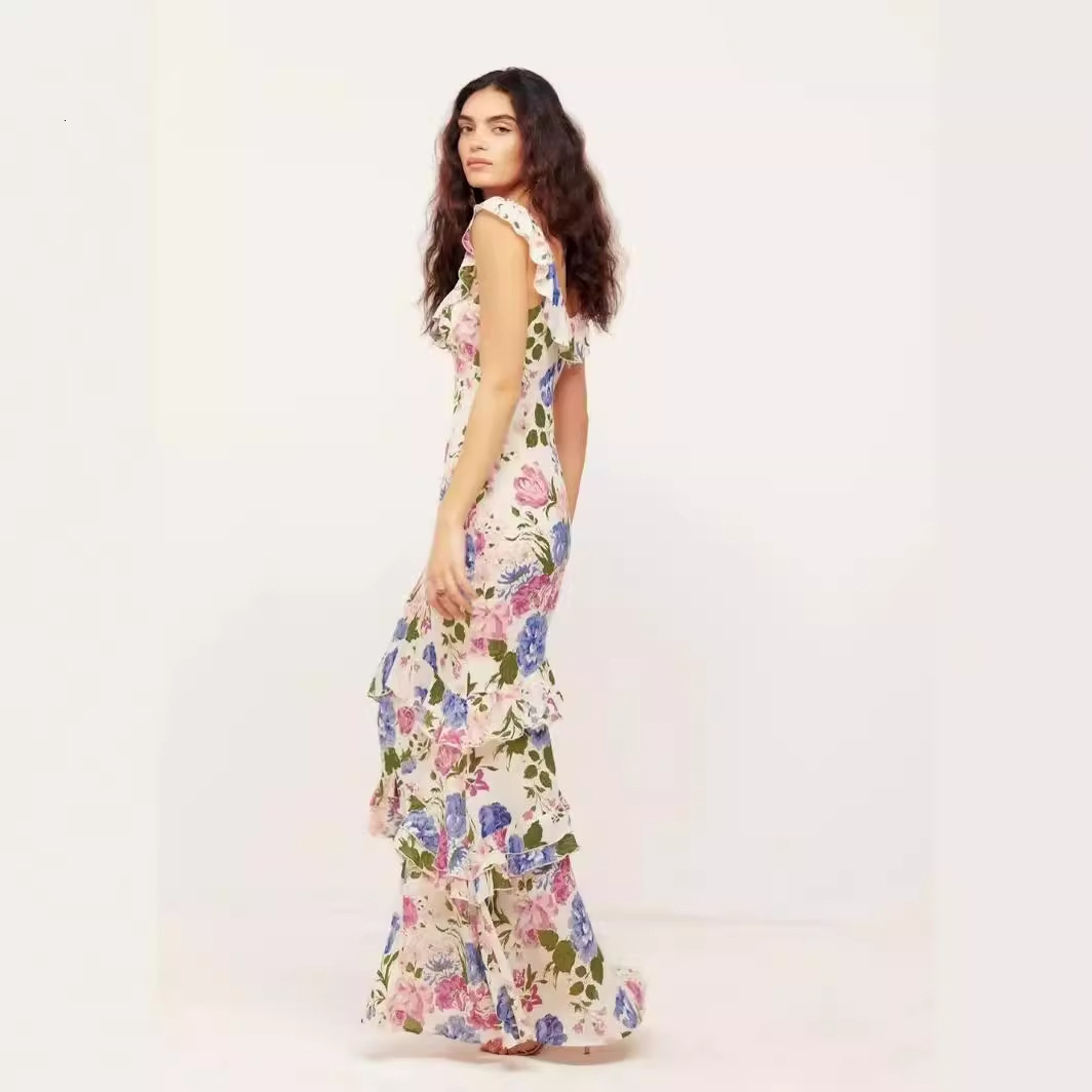 French Gentle Style Floral Suspender For Women's Summer Vacation Beach Dress, One Shoulder Strapless Fish Tail Long Dress
