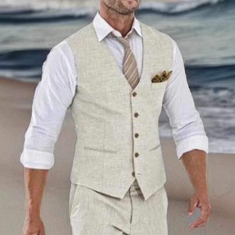 Beige Linen Suit Vest for Men Wedding Summer Beach One Piece Waistcoat V Neck Male Fashion Cost 250310