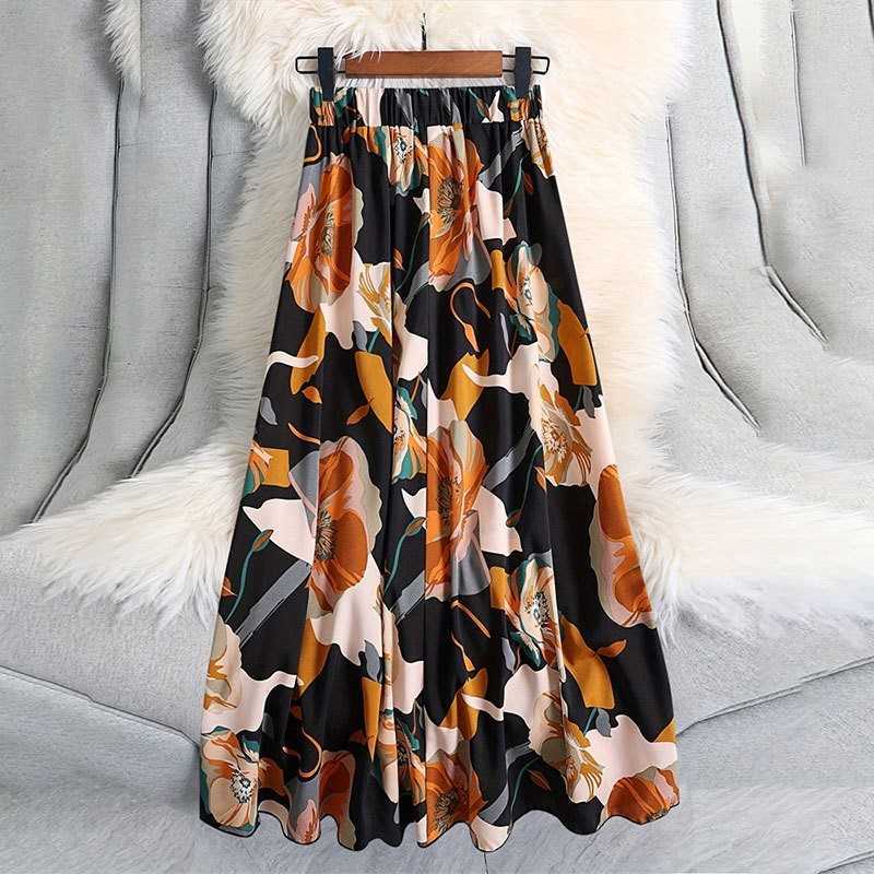 Skirts Black Long Skirt Womens Versatile Flower Print Autumn Elastic Waist Contrasting Color A-line Large Swing Skirt 2025 New Product Y250314G2CW
