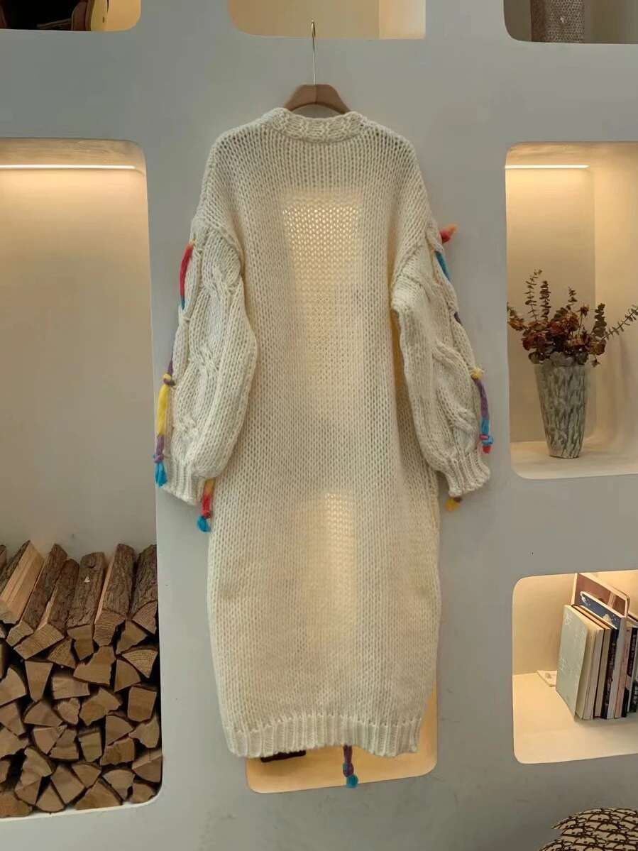 2025 Spring Fall Sweet Handmade Coarse Wool Knitted Long Cardigan 90S Y2k Tassel Embroidered Coat Women's Winter Knitwear C-231