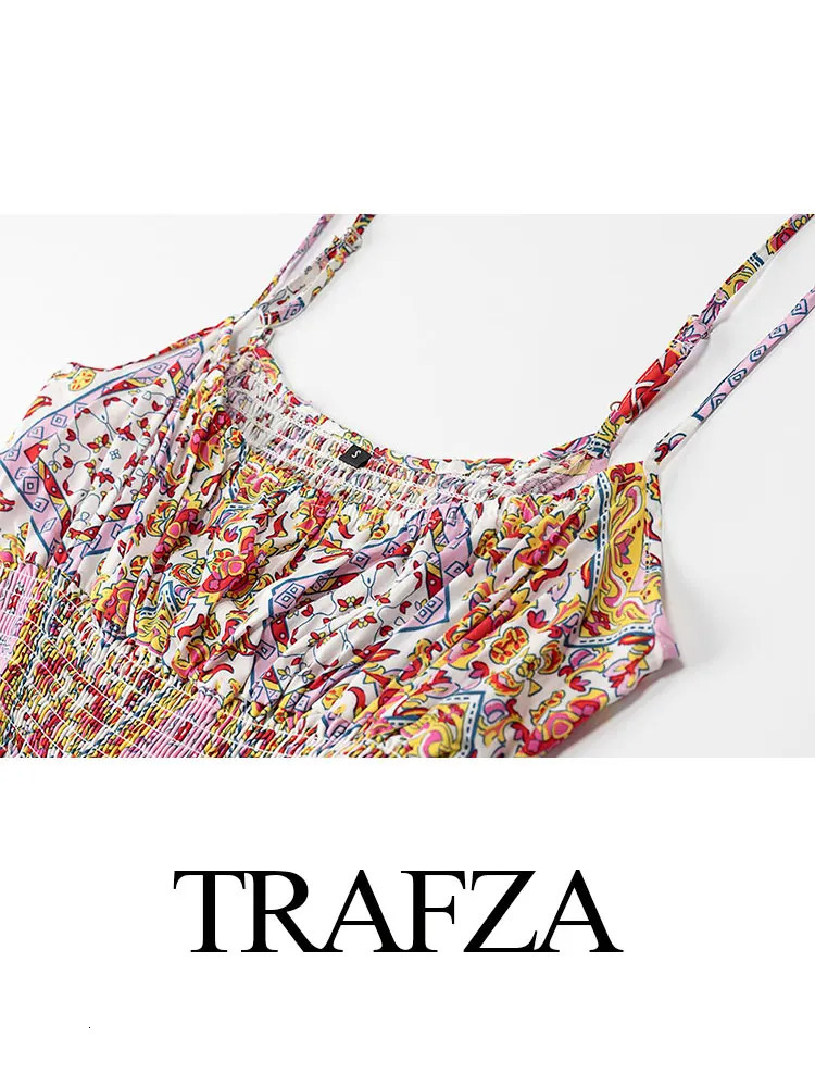TRAFZA Womens Retro Geometric Print Set Sleeveless Sling Elastic Bottom TopHigh Waist Lace Wide Leg Spring Ethnic Style 250313