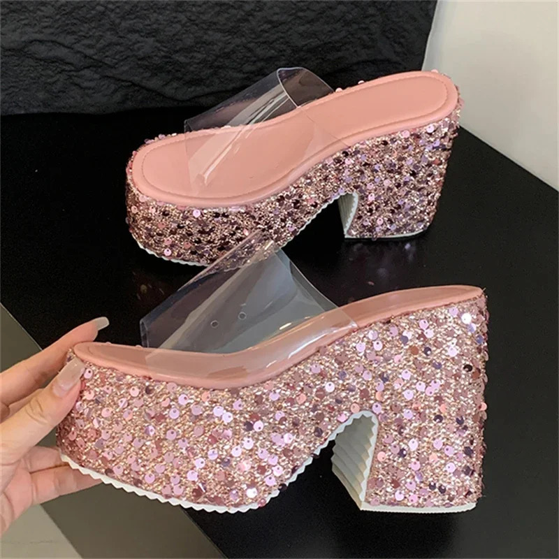 Eilyken Summer PVC Transparen Sequin Cloth Platform Open Toe Womens Slippers er Square High Heels Shoes Zapatos De Mujer250314bj