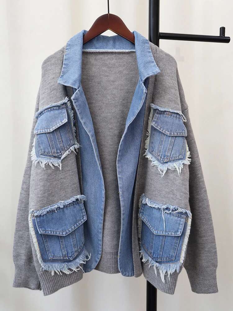 GVUW Niche Design Denim Jackets Women Lapel Spliced Knitted Open Full Sleeve Outwear New 2025 Female Clothing 17G8260