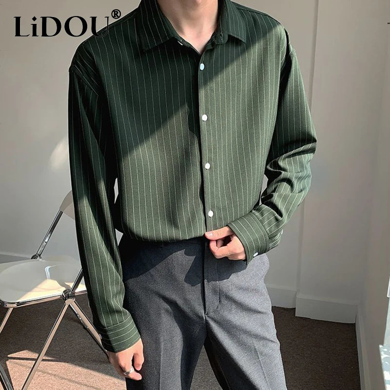 Korean Fashion Autumn Shirts Men Business Casual Neat Capable Hipster Street England Style Elegant Stripe Clothes Top 250314