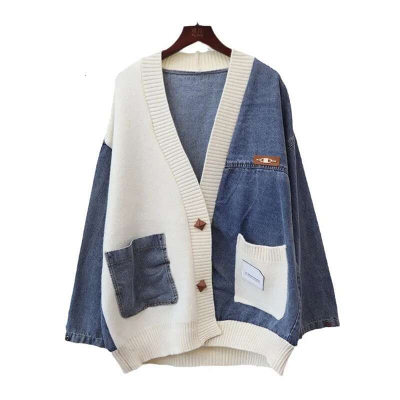 Fashion Loose Causal Versatile Coats For Women Patchwork Denim V-Neck Knitted Cardigan Female 2024 Winter 33A2212