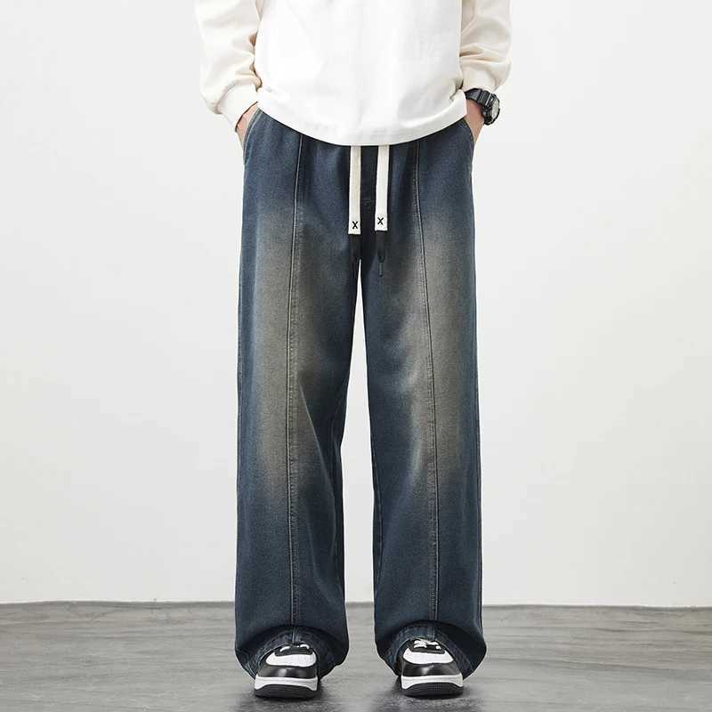 Plus Size M-8XL Baggy Jeans Mens Blue Black Streetwear Elastic Waist Y2K Trousers Fashion Straight Leisure Wide Denim PantsT250319