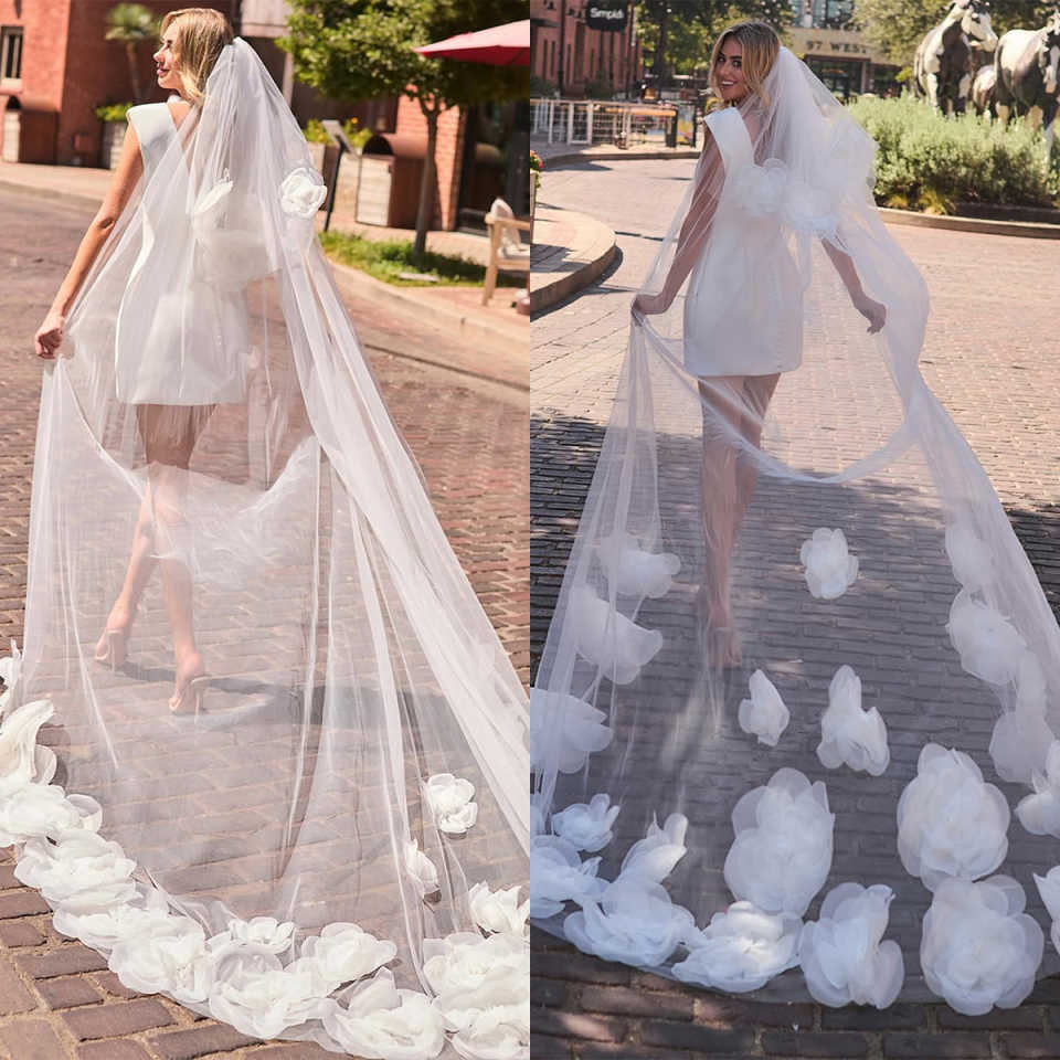 Elegant Wedding Veil Appliques Handmade Flowers One Layer Long Cathedral Length Veils Applique Edge Customized High Quality