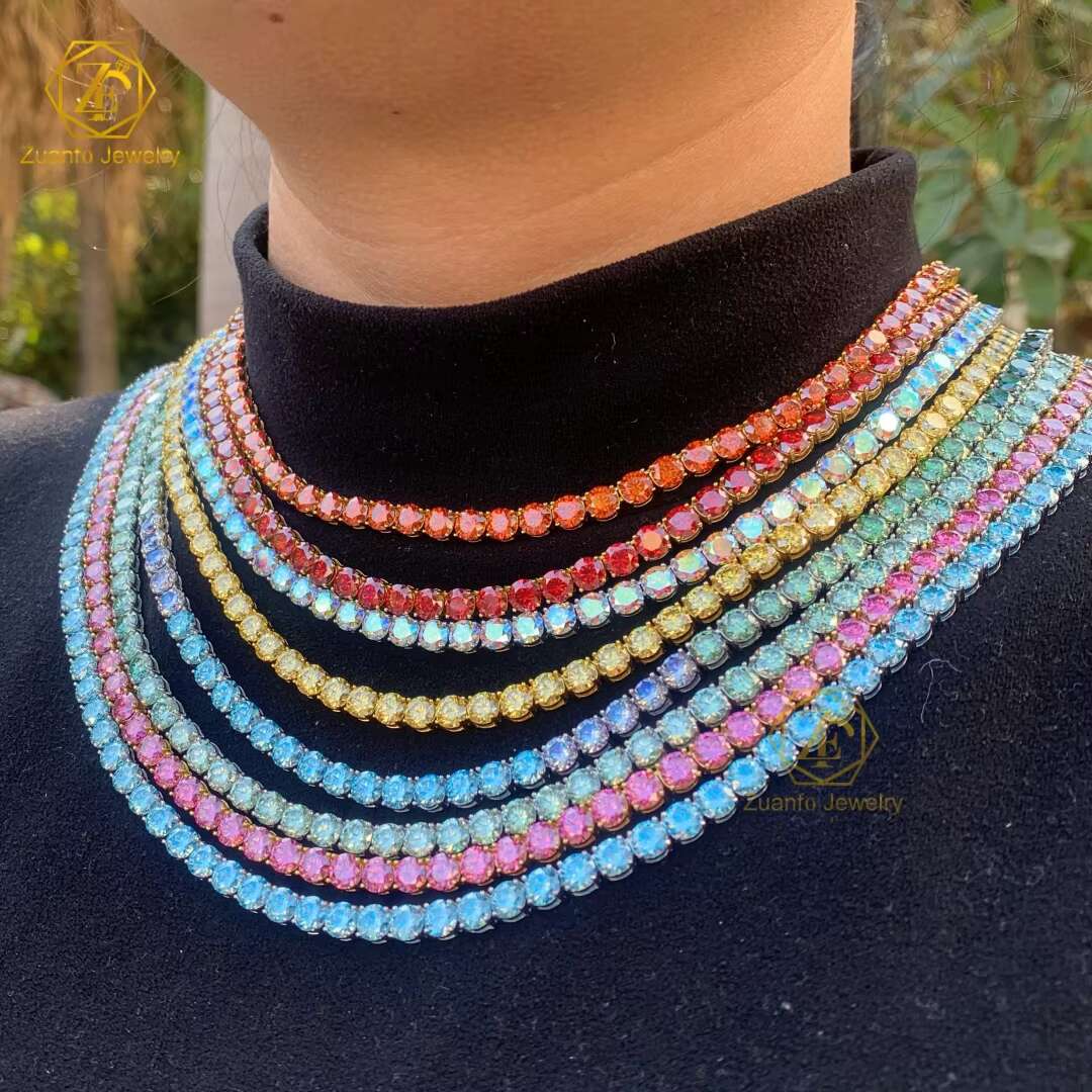 Wholesale Price Sterg Sier 5mm Red Blue Pink Yellow Colorful Moissanite Tennis Chain Necklace for Gift Party