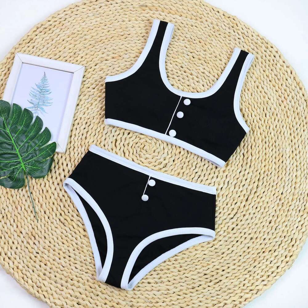 Sexy black and white bikini set, high waist swimsuit with color block, perfect for vacation and pool parties