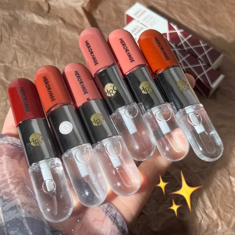 Double head lip glaze milk tea color lipstick, transparent mirror surface, long-lasting non-stick cup water gloss lip gloss