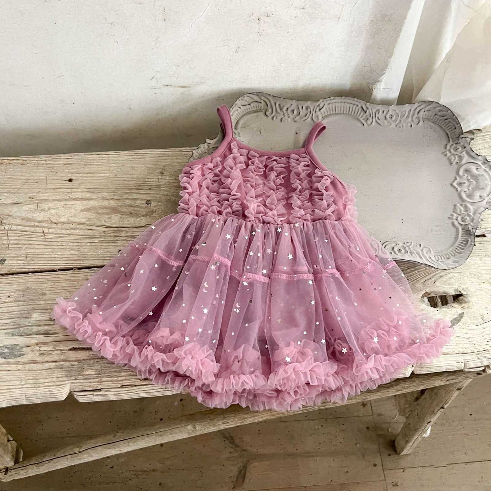 Girl's Dresses Summer Baby Girl Pure Cotton Two Color Exquisite Heavy Industry One Year Old Silver Star Moon Strap Dress for Infants and Toddlers