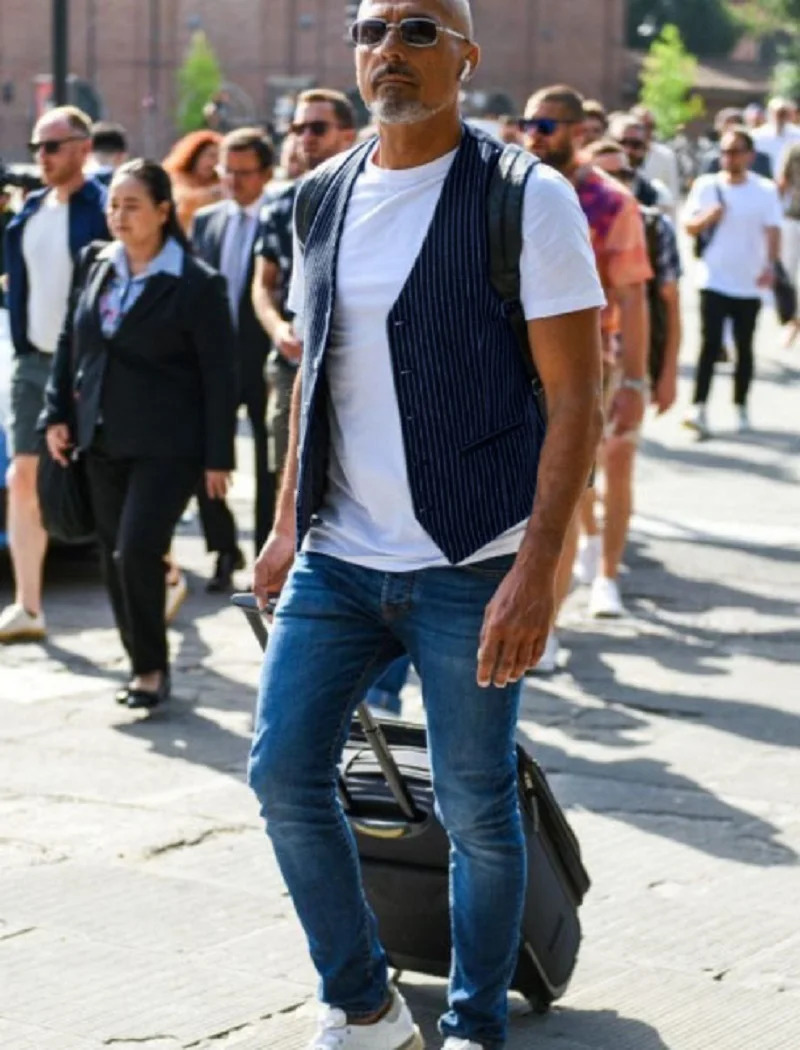 summer mens striped suit vest retro business slim fit vest sleeveless single breasted V-neck short vest jacket 250310