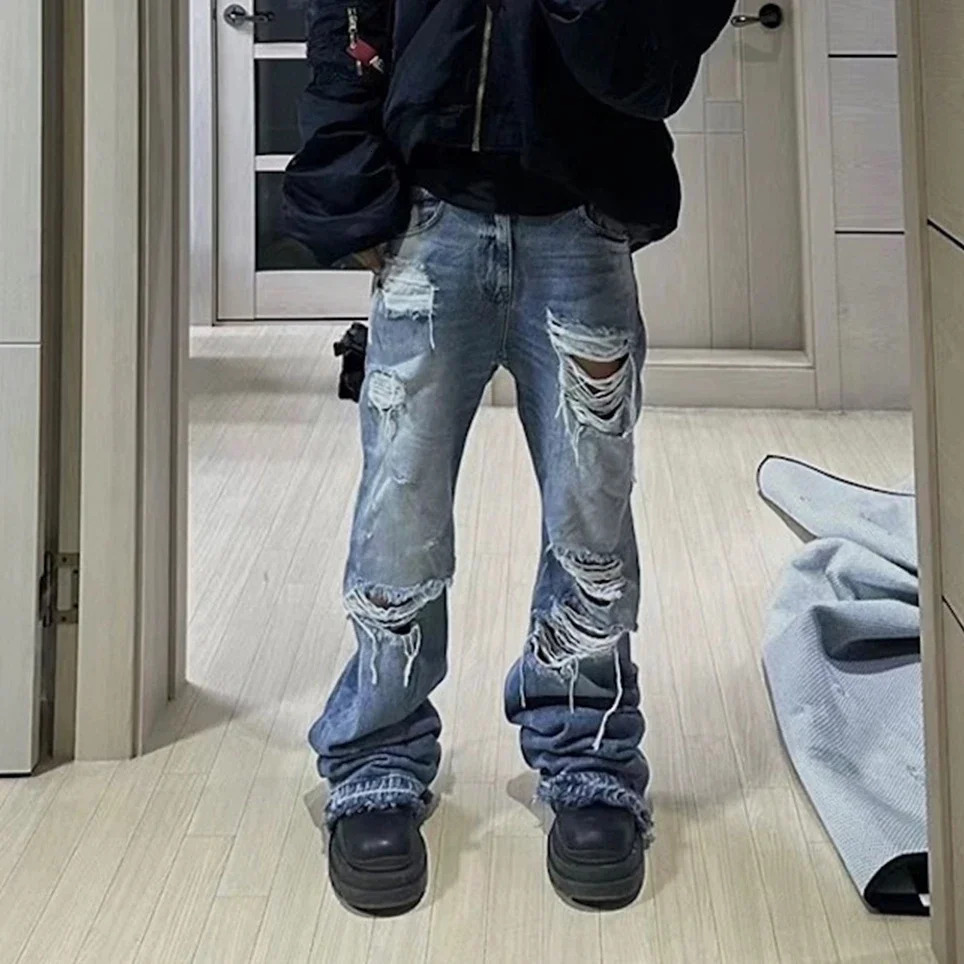 Distressed Vintage Hold Ripped Blue Flare Jeans Pants for Men and Women Streetwear Casual Bag Denim Trousers Oversized Cargos 250313