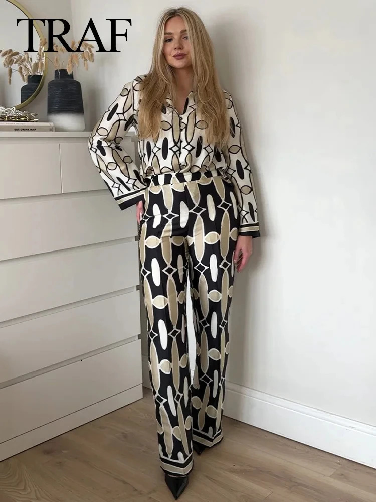 TRAFZA Womens Fashion Shirt and Pants Set Black White Printed Long Sleeve Single Chest TopElastic Waist Wide Leg 250313