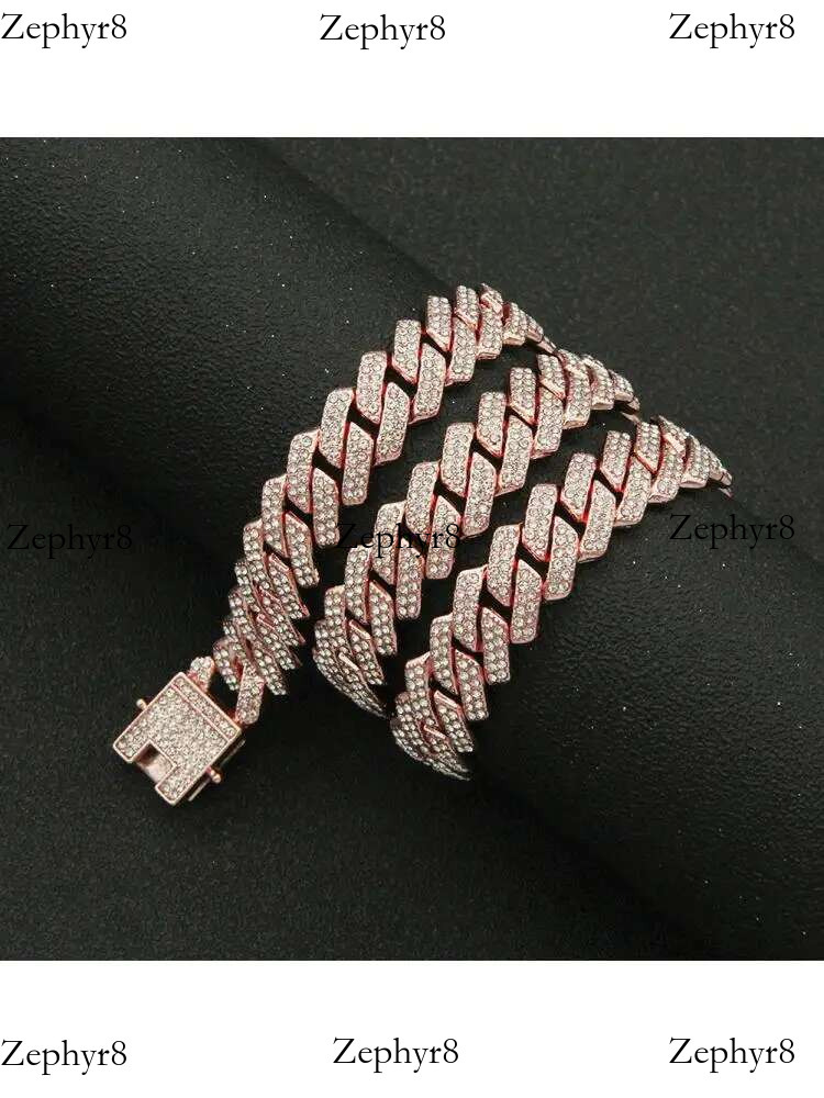 Iced Out Square Miami Cuban k Chain Necklace For Men Women Micro Paved CZ Stone Rose Gold Color Hiphop Jewelry 16"