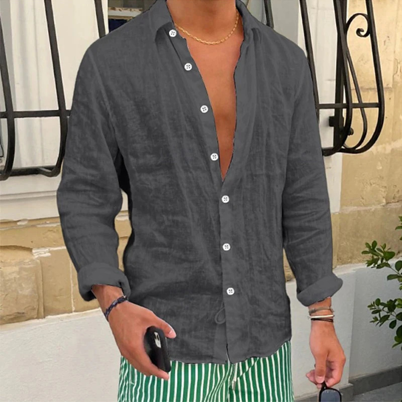 Spring casual linen shirt mens long sleeved button up and down lapel shirt seaside beach retro mens solid color cardigan 250314