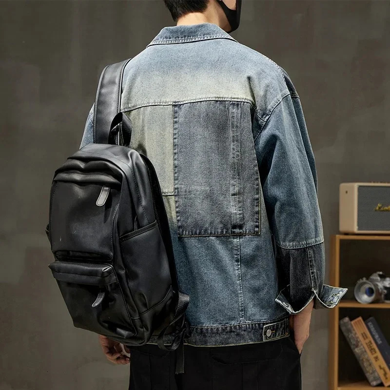 mens retro letter ed denim jacket street fashion patch work Y2K aesthetic loose jeans 250312