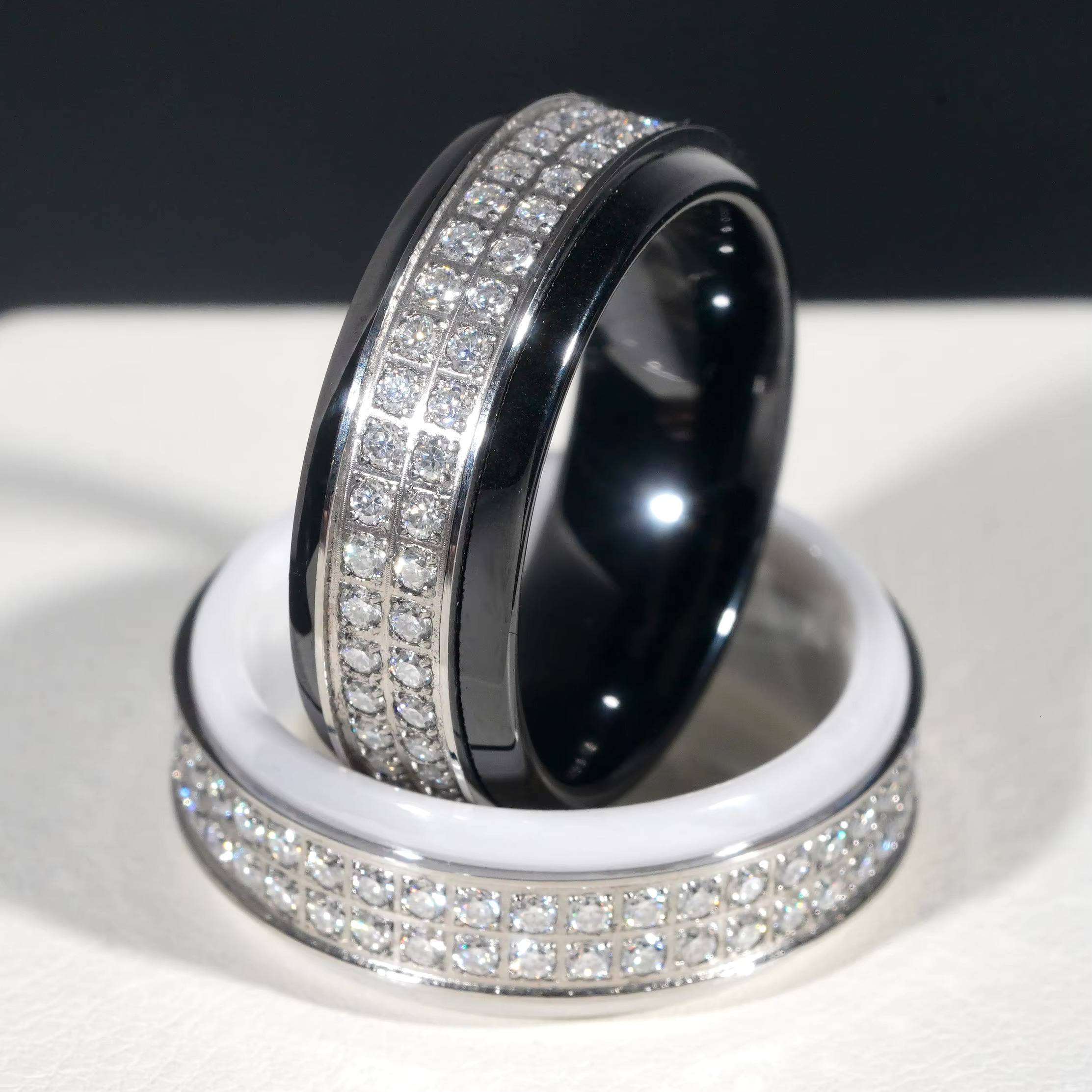 Classic Black Ceramic Men Diamond Ring Iced Out VVS Moissanite Diamond Stainless Steel Men Wedding Band Hip Hop Ring