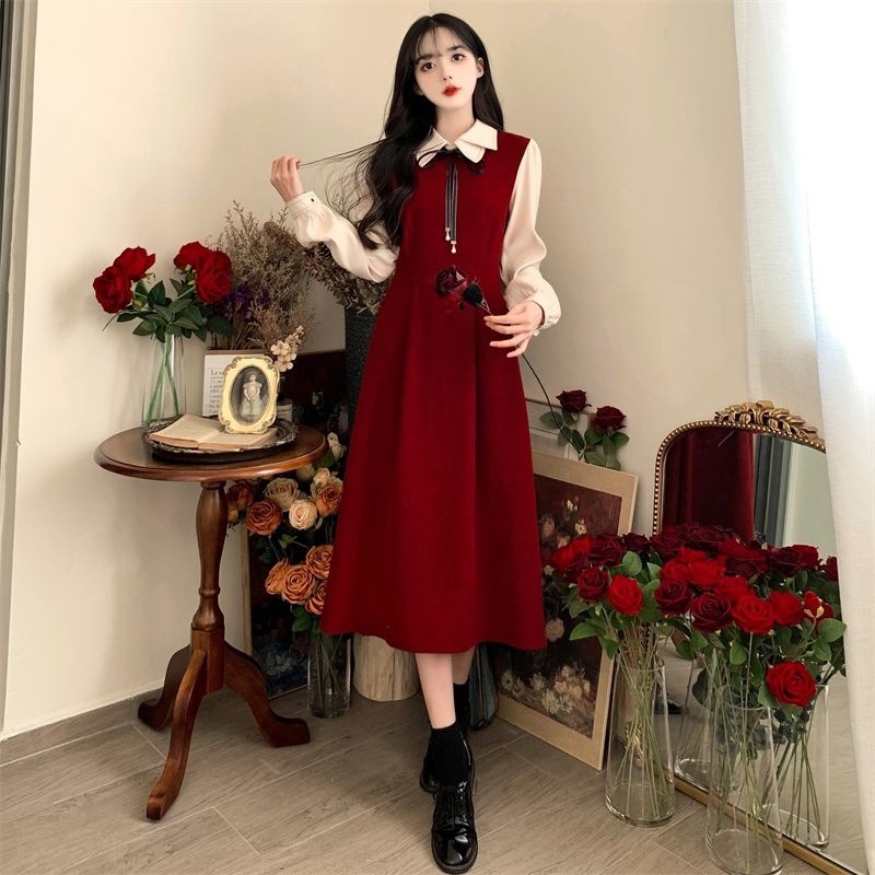 X515523 New style dress college style long sleeve retro forest style skirt temperament slim French long skirt women's clothing