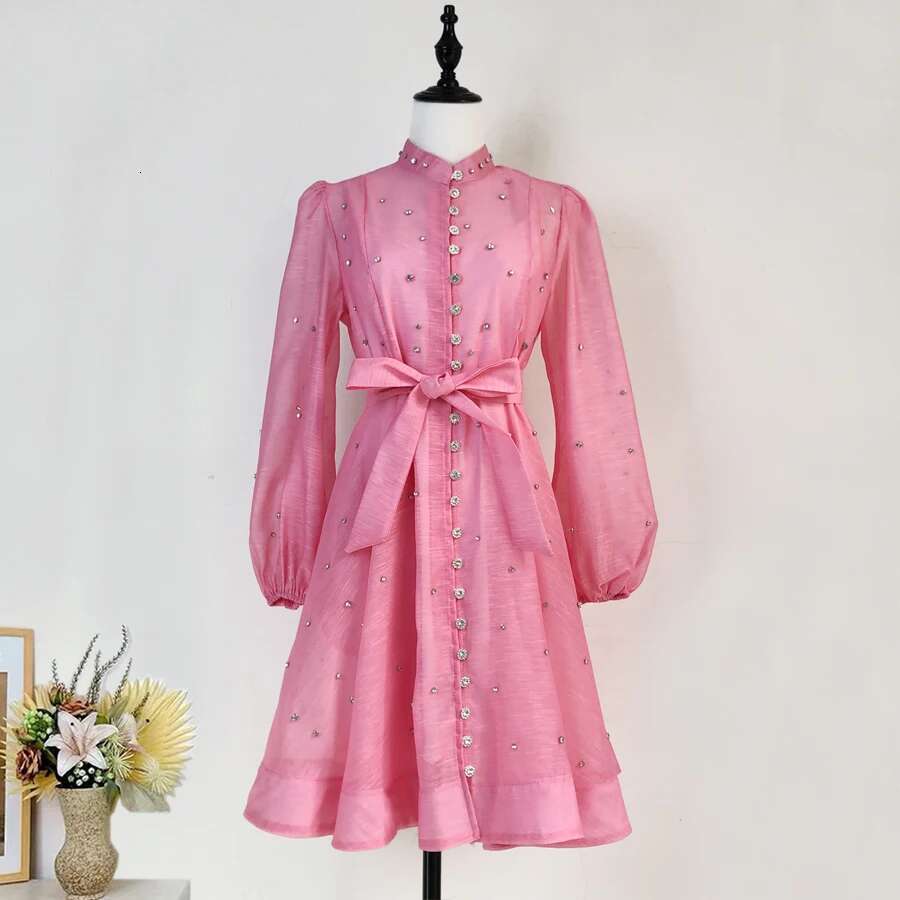 French Crystal Beaded Wedding Prom Mesh Dress Women Stand Long Lantern Sleeve Dia Buttons Belt Lace Up Mini Vestidos