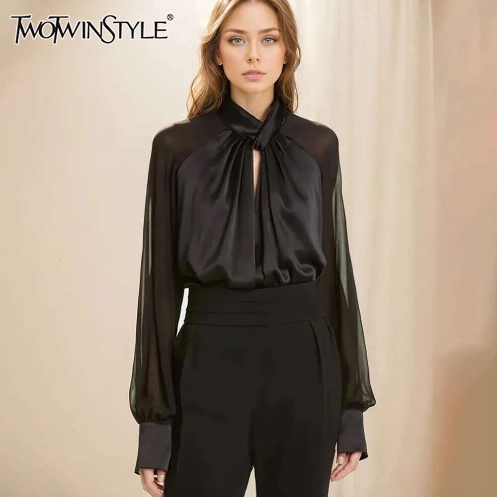 TWOTWINSTYLE Solid Minimalist Blouses For Women Stand Collar Long Sleeve Casual Pullovers Shirts Female Fashion Style Clothes