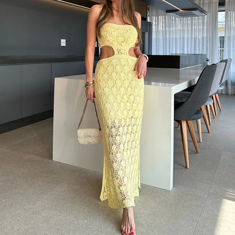 Elegant strapless knitted dress for women sexy off shoulder hollow long fashionable high waisted pure thin party 250312