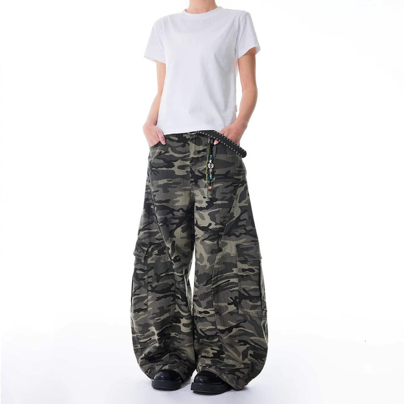 American Camouflage Work For Men And Women, Loose Wide Curved Jeans, Trendy Multi Pocket Straight Leg Long Pants